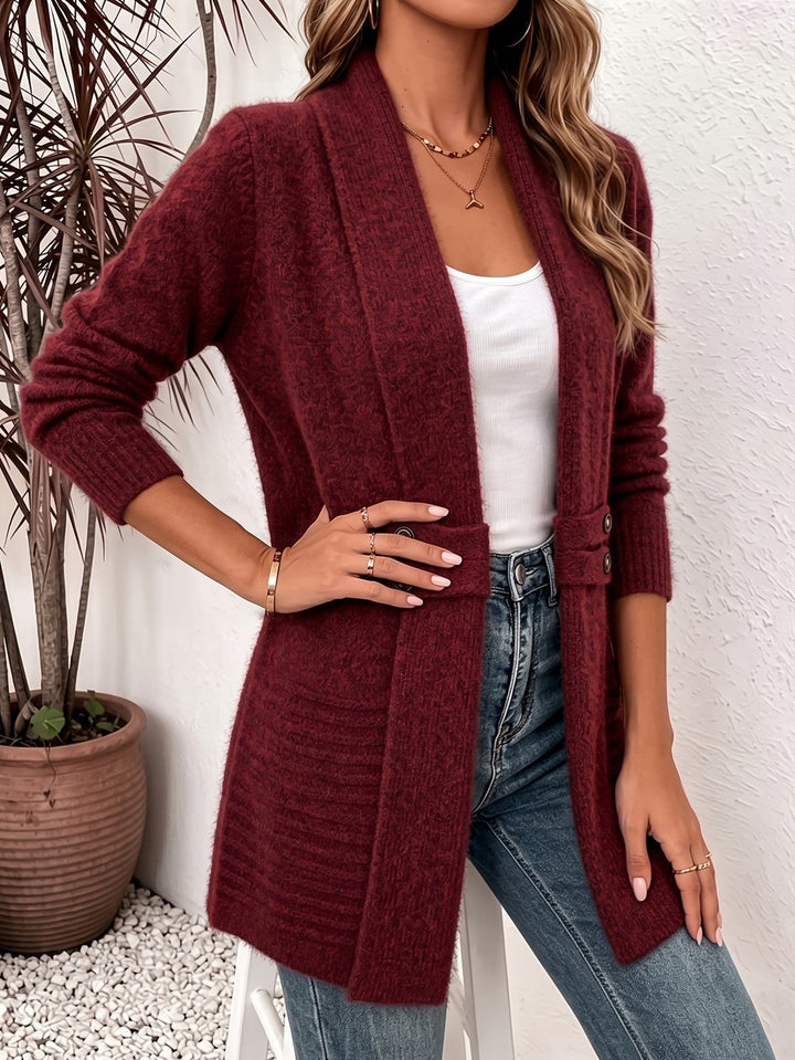 Marlowe™ | Bordeau Ribbelgebreide Knopen-Tab Cardigan