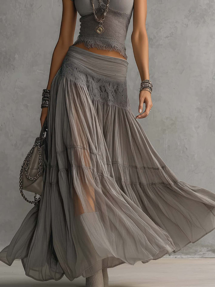 Grijze Doorzichtige Kanten Top met Panneaus en Geplooide Maxi Rok Set