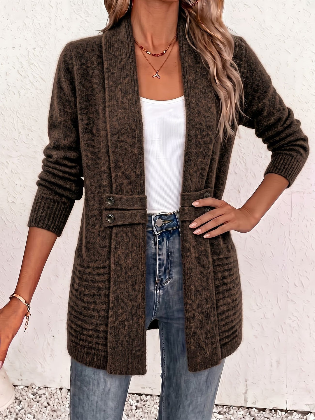 Camille™ | Chocolade Ribgebreide Knopen-Tab Cardigan
