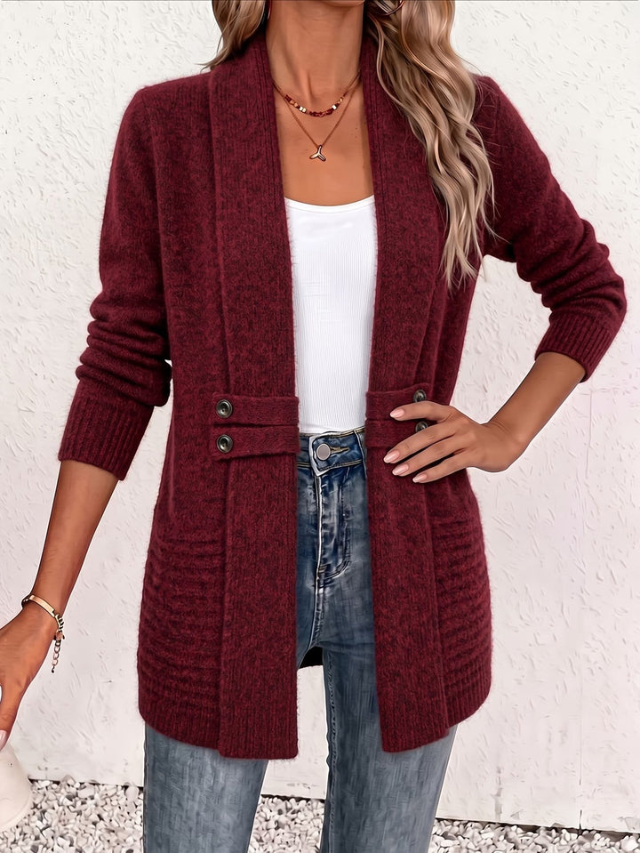 Marlowe™ | Bordeau Ribbelgebreide Knopen-Tab Cardigan