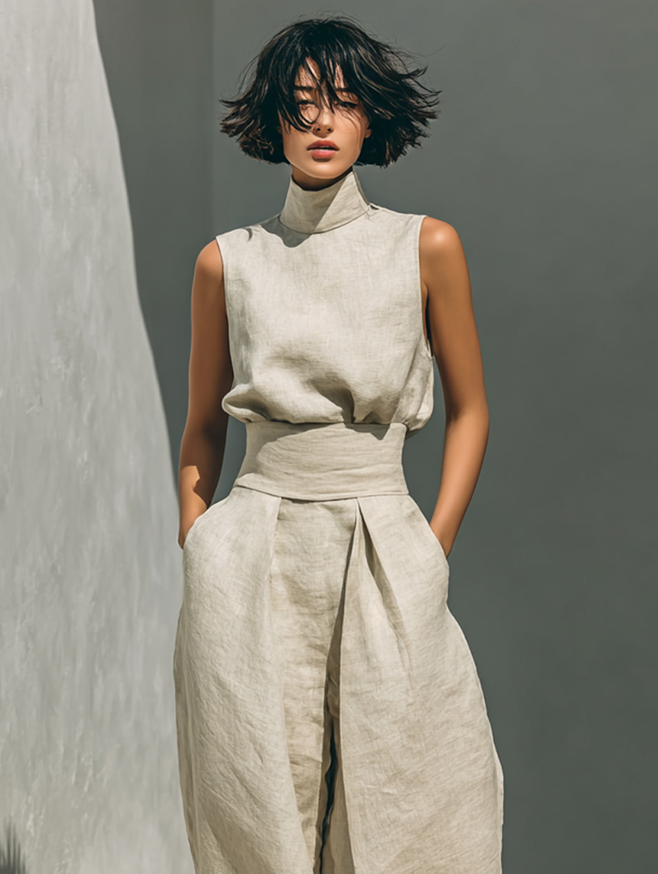 Dames minimalistische set met mouwloze blouse en wijde broek