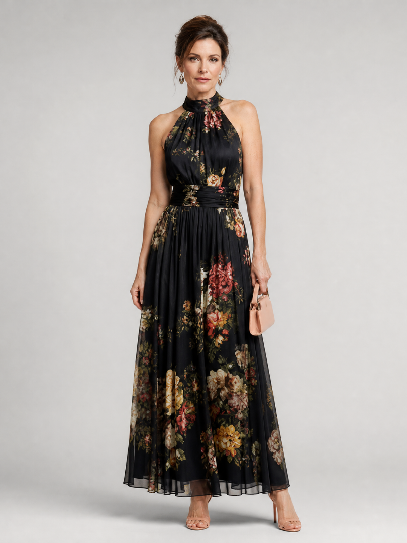 Sonia | Halterjurk met bloemenprint in midilengte