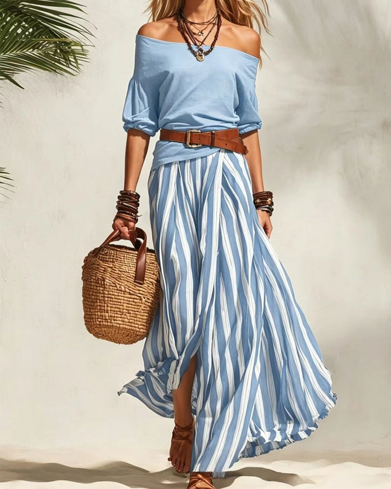 MADISON | Gestreepte Maxi Rok Set met Off-Shoulder Top
