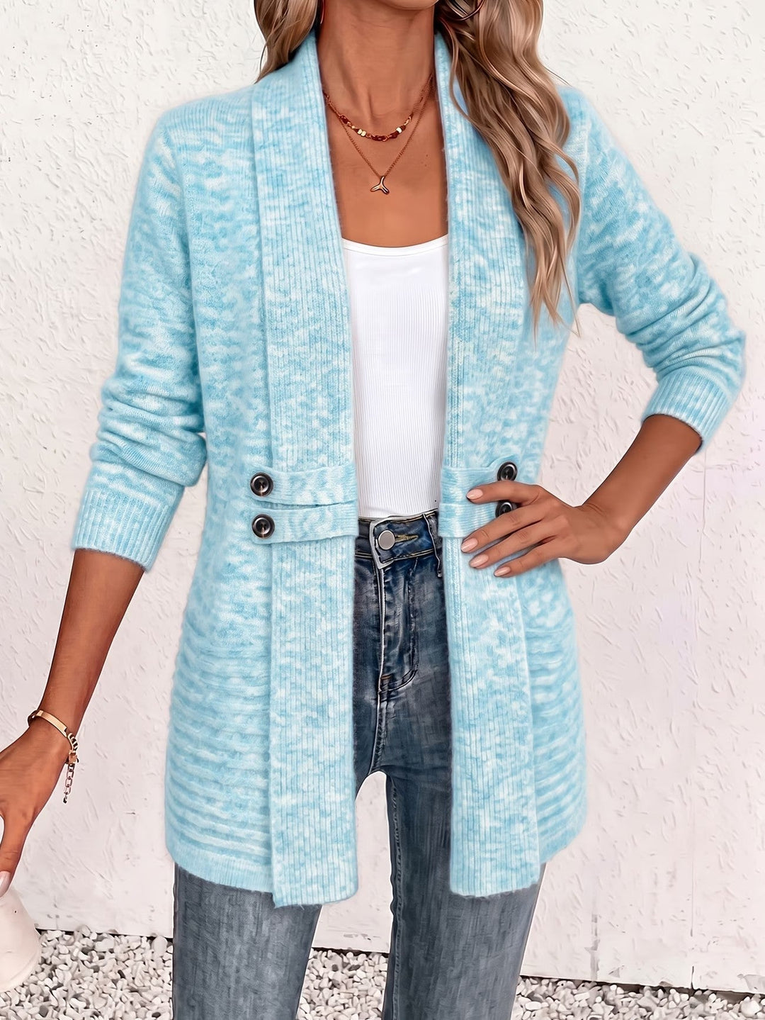Nova™ | Aqua Geribbelde Brei Knopen-Tab Cardigan