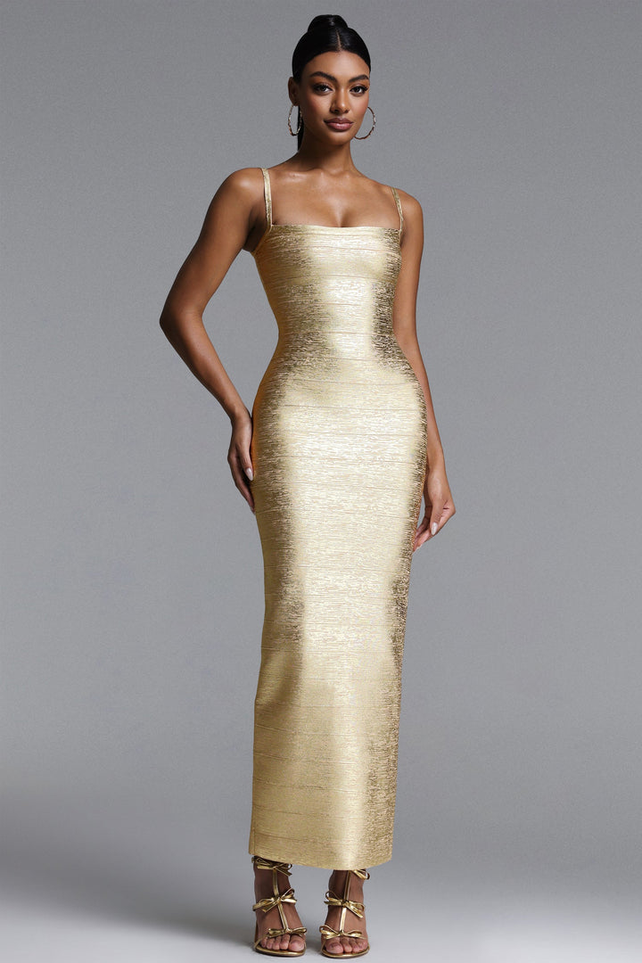 Lorenza | Aansluitende maxi-jurk met metallic glans