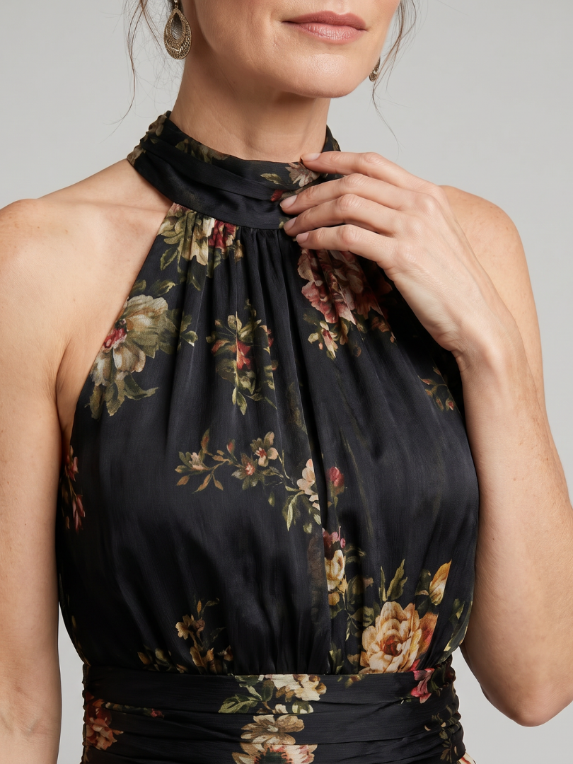 Sonia | Halterjurk met bloemenprint in midilengte