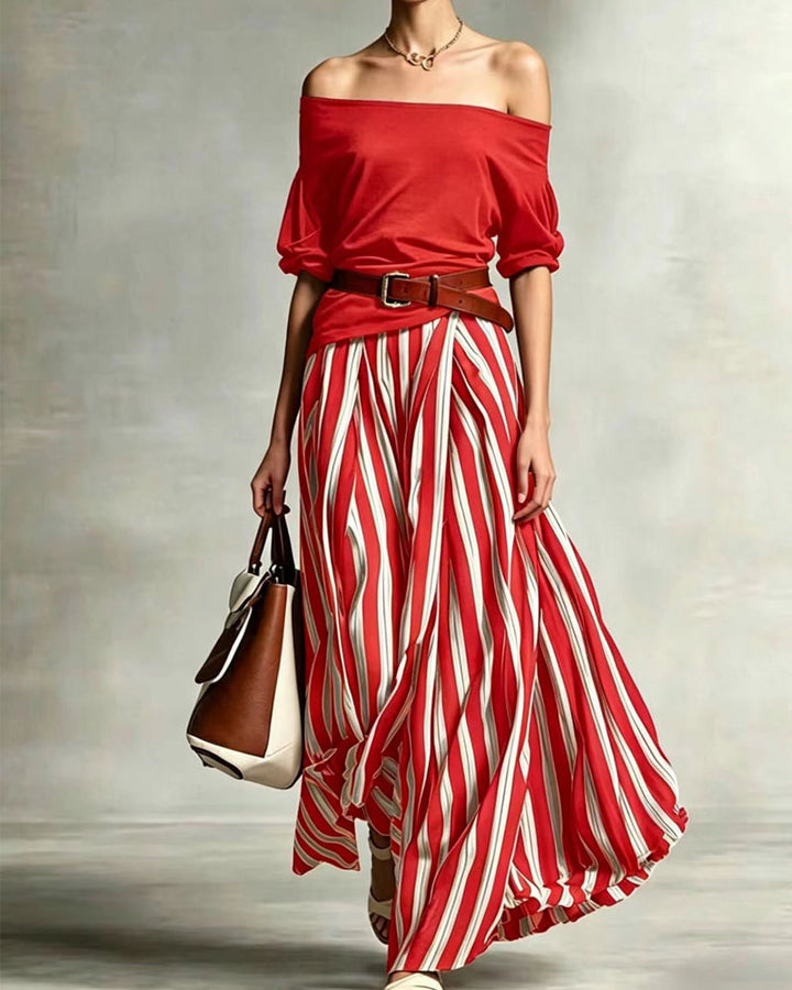 MADISON | Gestreepte Maxi Rok Set met Off-Shoulder Top