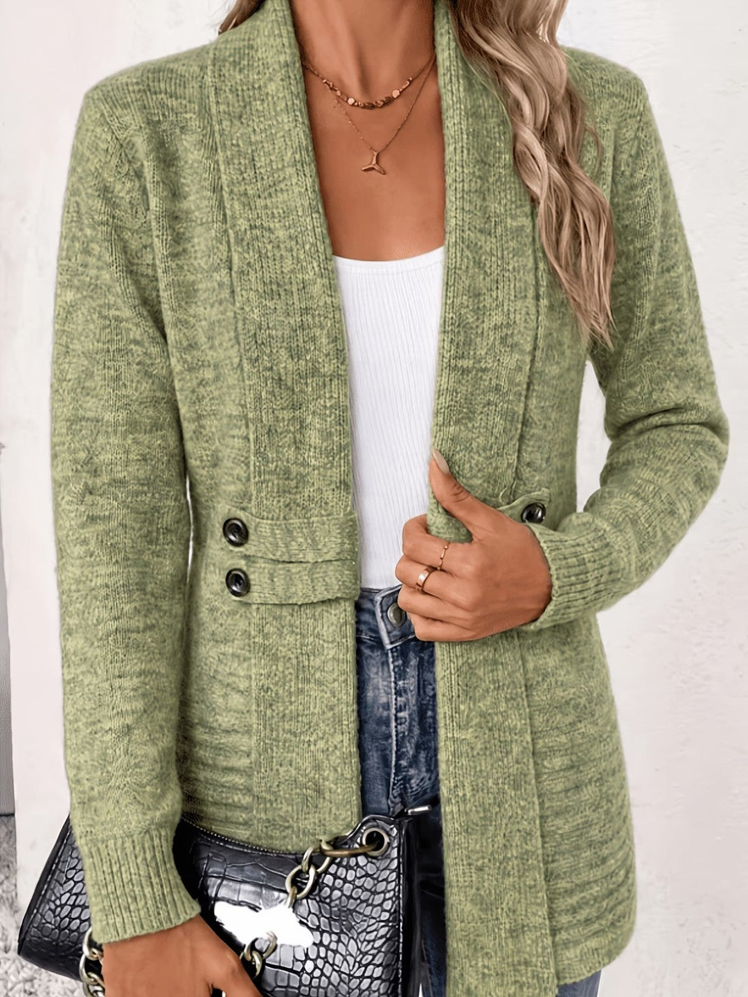 Tessa™ | Salie Geribbelde Brei Knopen-Tab Cardigan