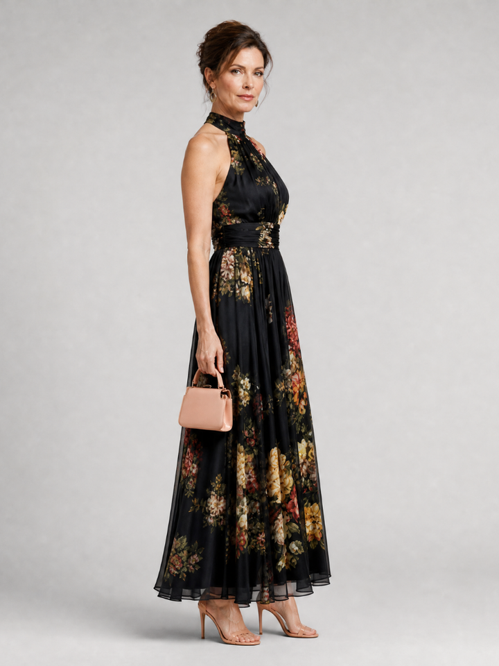 Sonia | Halterjurk met bloemenprint in midilengte