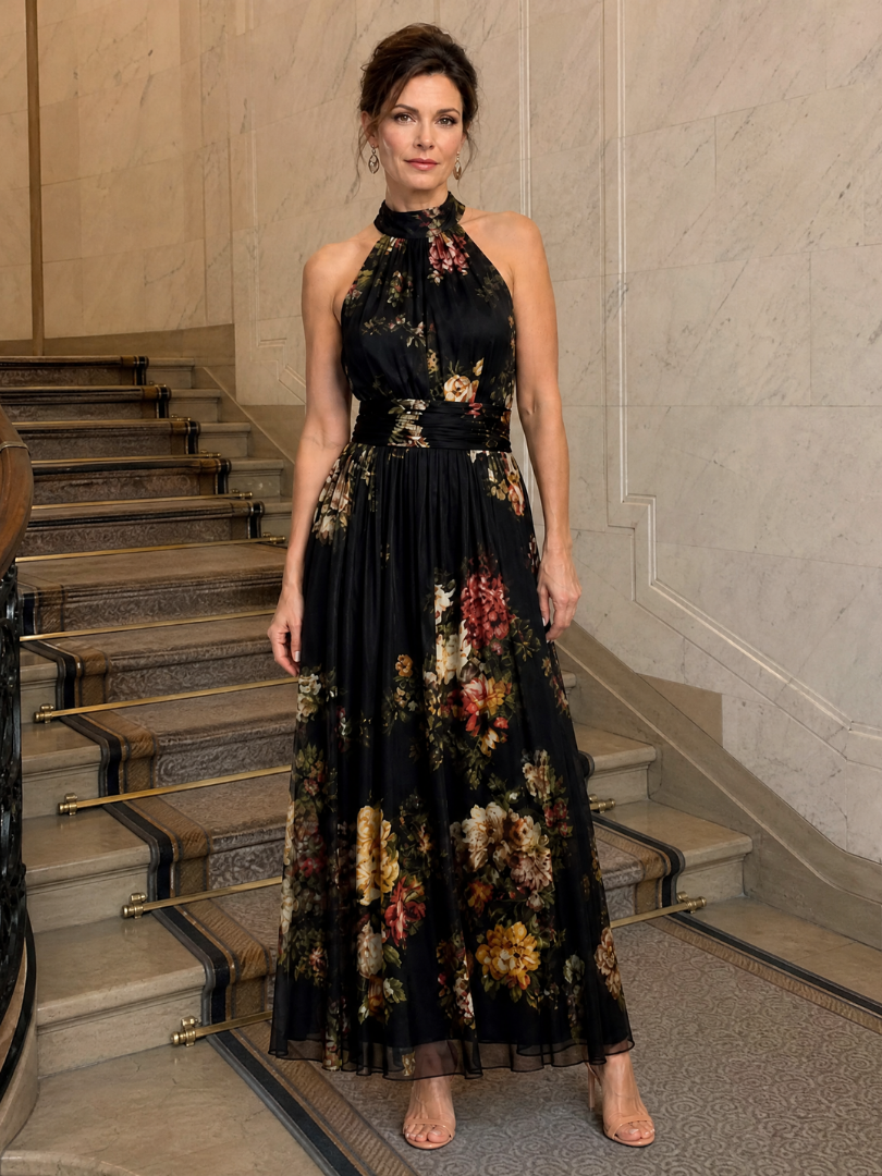 Sonia | Halterjurk met bloemenprint in midilengte