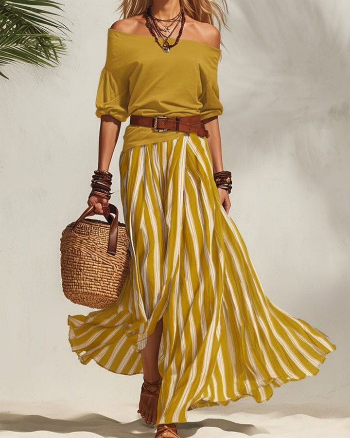 MADISON | Gestreepte Maxi Rok Set met Off-Shoulder Top