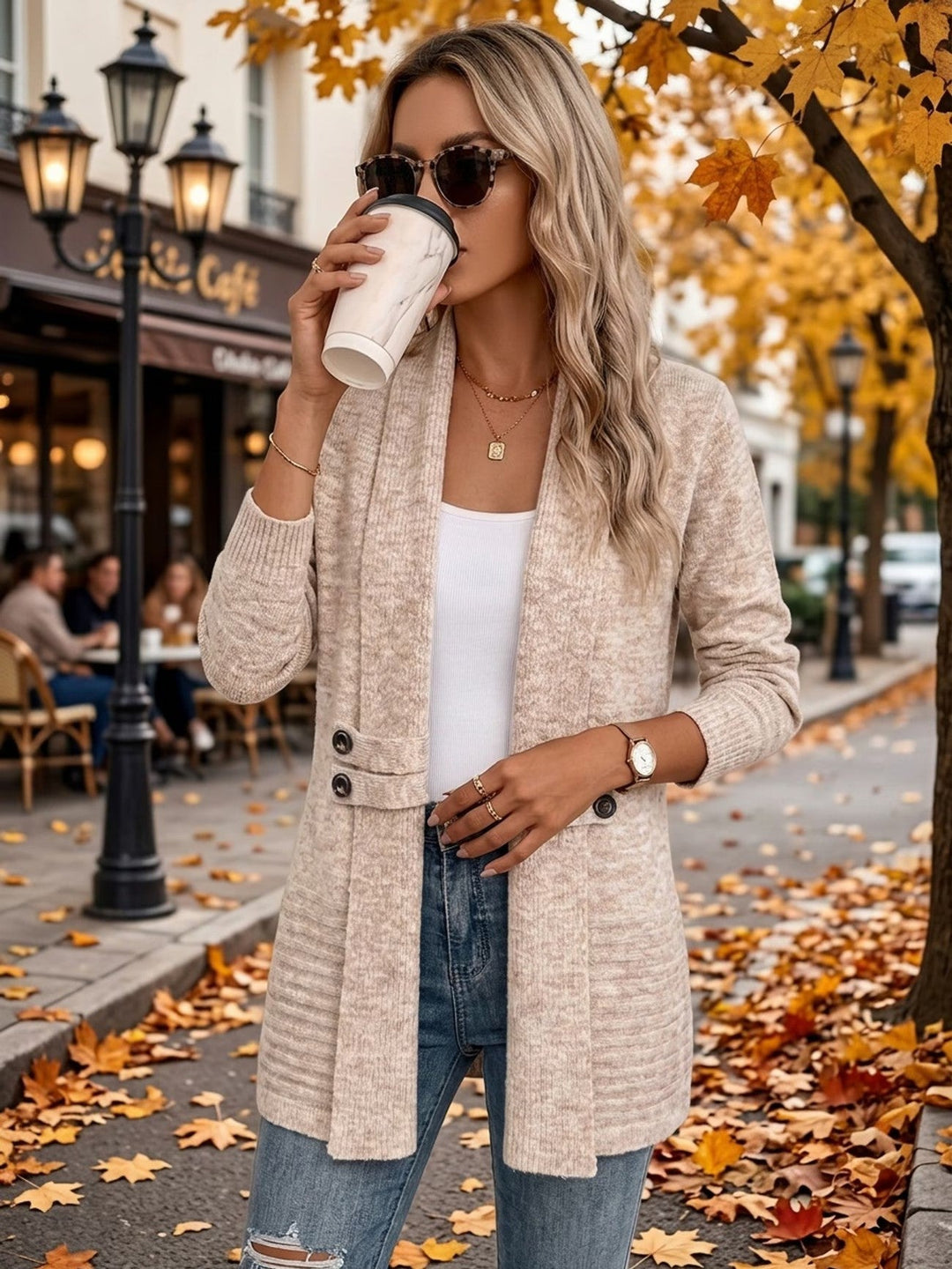 Harlow™ | Havermout Geribbelde Brei Knopen-Tab Cardigan