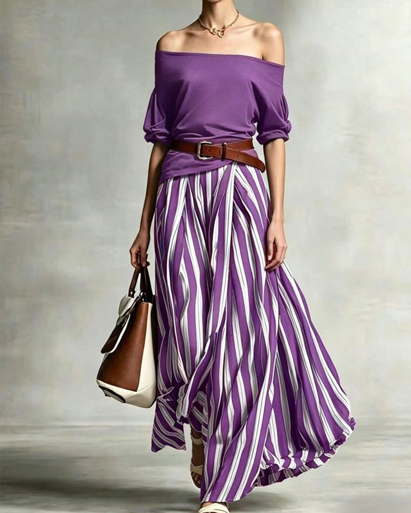 MADISON | Gestreepte Maxi Rok Set met Off-Shoulder Top