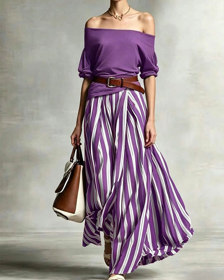 MADISON | Gestreepte Maxi Rok Set met Off-Shoulder Top