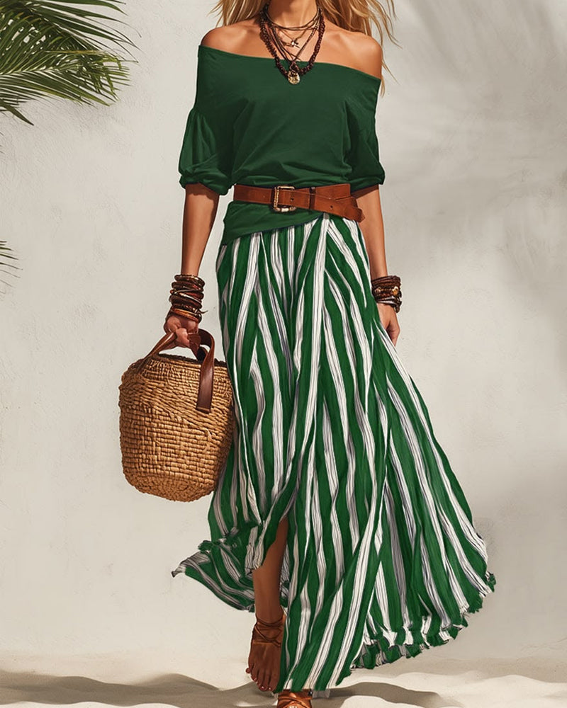 MADISON | Gestreepte Maxi Rok Set met Off-Shoulder Top