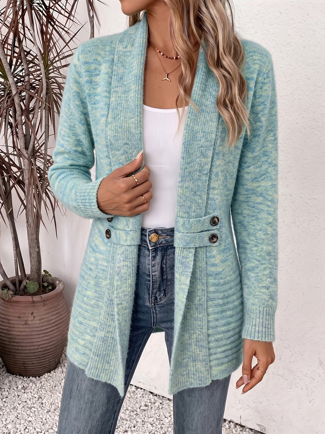 Nova™ | Aqua Geribbelde Brei Knopen-Tab Cardigan