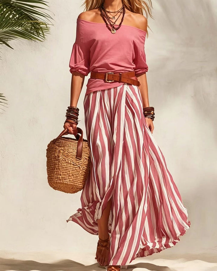 MADISON | Gestreepte Maxi Rok Set met Off-Shoulder Top