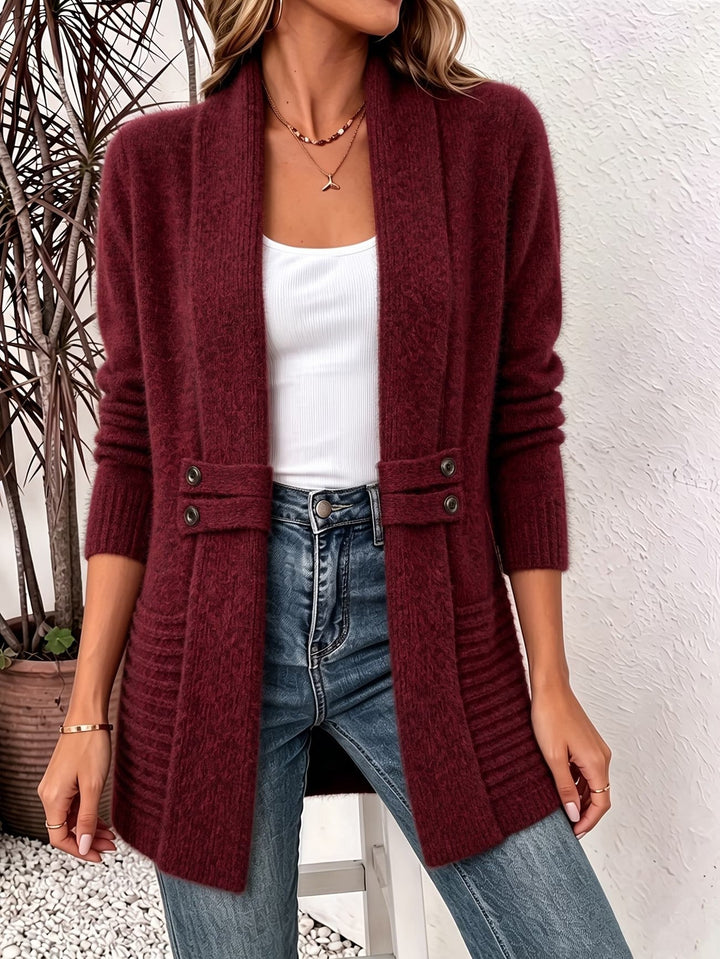 Marlowe™ | Bordeau Ribbelgebreide Knopen-Tab Cardigan