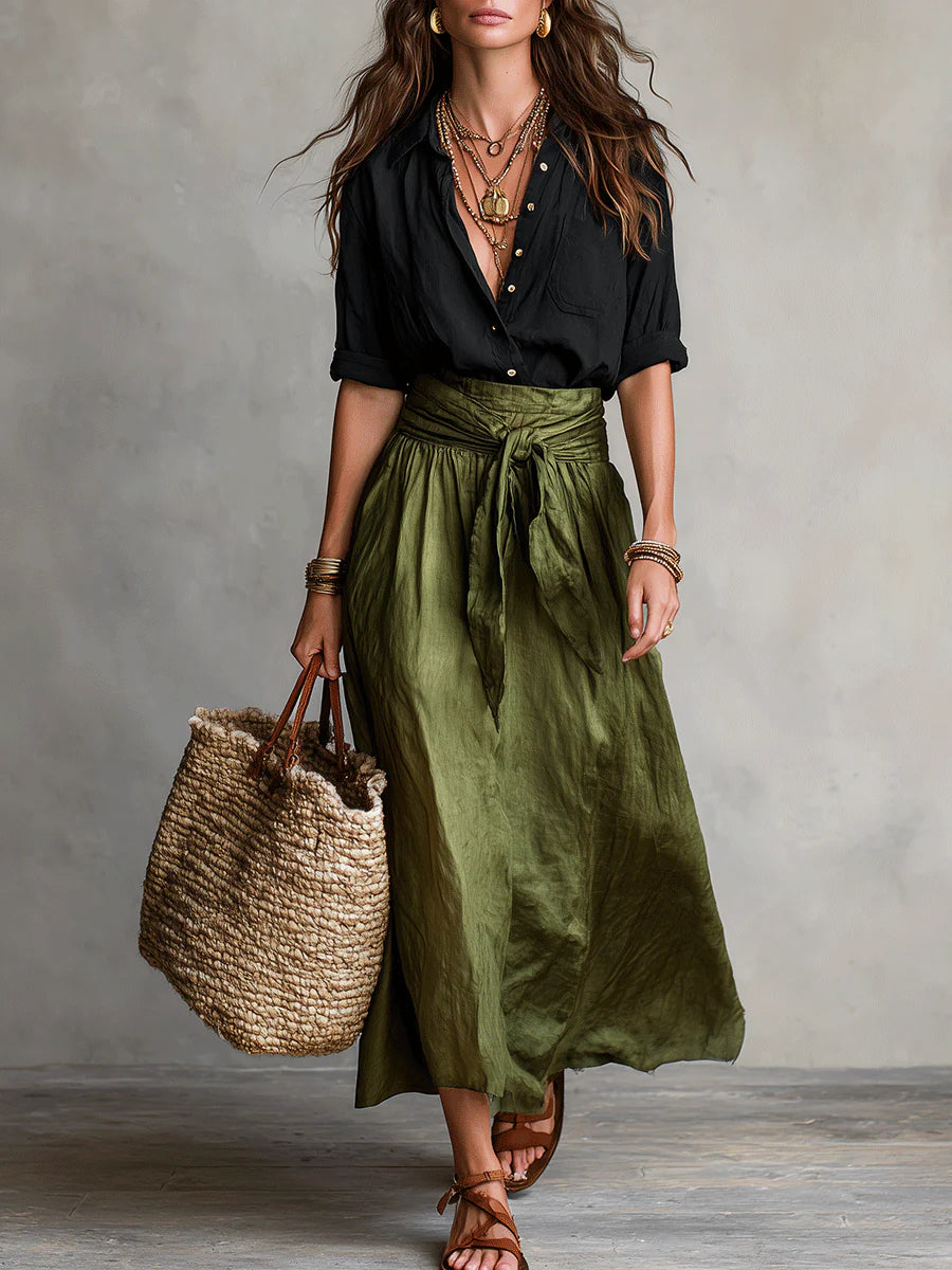 RIVER | Twee-delig Set: Zwarte Top en Olijfgroene Midi Rok