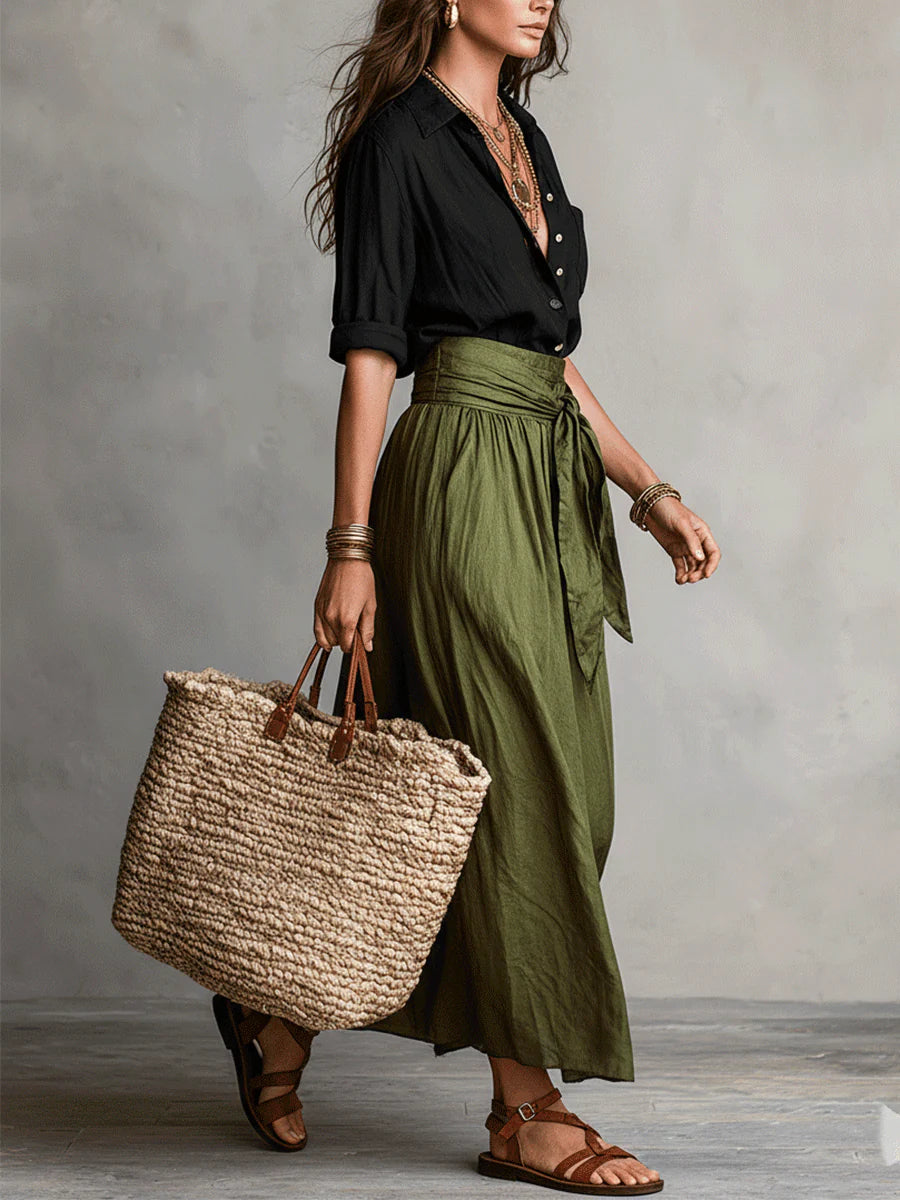 RIVER | Twee-delig Set: Zwarte Top en Olijfgroene Midi Rok