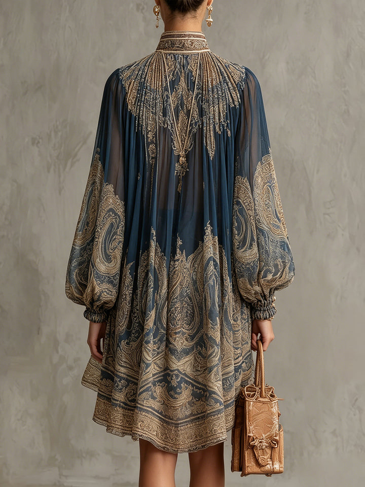 Berenice | Asymmetrische marineblauwe mini-jurk met barokprint en hoge hals
