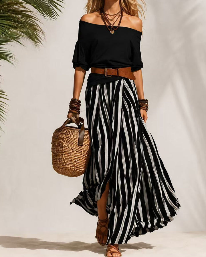 MADISON | Gestreepte Maxi Rok Set met Off-Shoulder Top