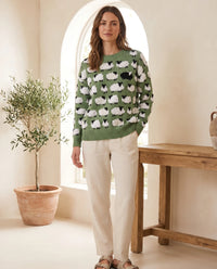 Mabel Fluffy Sheep Crew Neck Sweater voor Dames – Groen