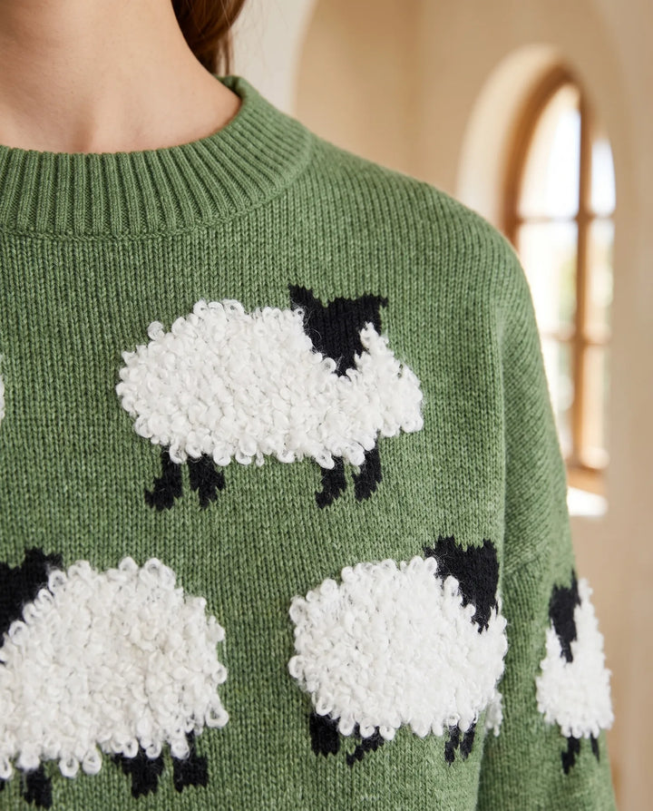 Mabel Fluffy Sheep Crew Neck Sweater voor Dames – Groen