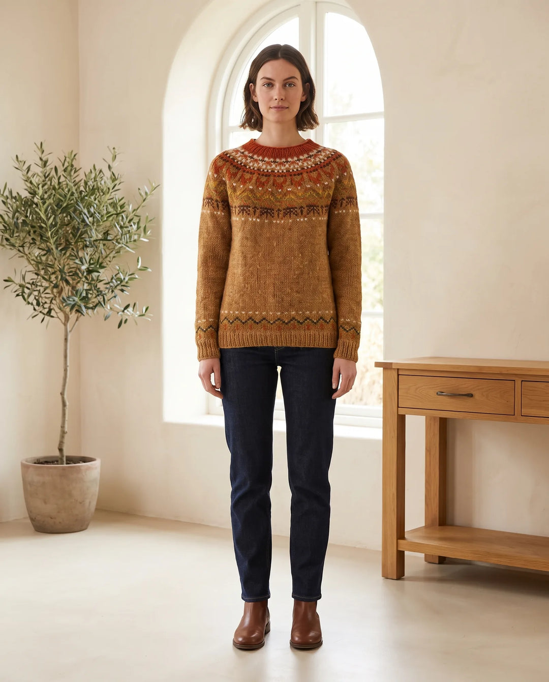 Ingrid Fair Isle Trui voor Dames - Nordic Patroon Gebreide Pullover - Bruin | Auburn Row