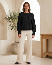 Isla Kabelgebreide Trui voor Dames - Ronde Hals Lange Mouwen Jumper - Zwart | Auburn Row