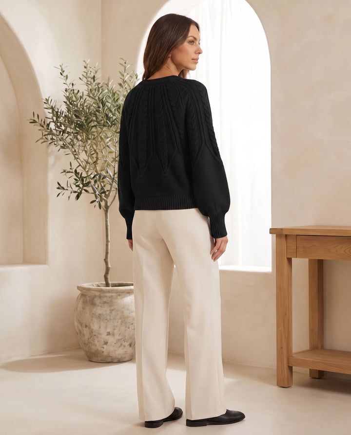 Isla Kabelgebreide Trui voor Dames - Ronde Hals Lange Mouwen Jumper - Zwart | Auburn Row