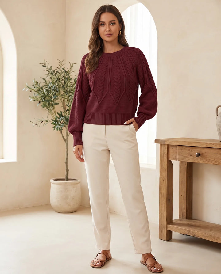 Isla Kabelgebreide Trui voor Dames - Ronde Hals Lange Mouwen Jumper - Bordeau | Auburn Row