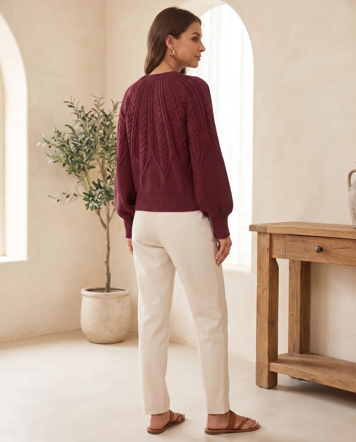 Isla Kabelgebreide Trui voor Dames - Ronde Hals Lange Mouwen Jumper - Bordeau | Auburn Row