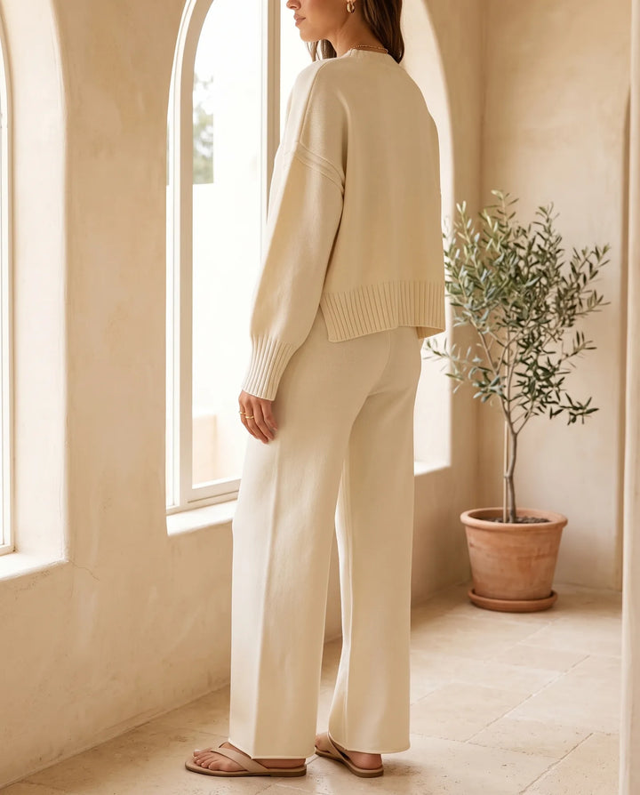 Lyra Gebreide Trui & Wijde Broek Set – Crème