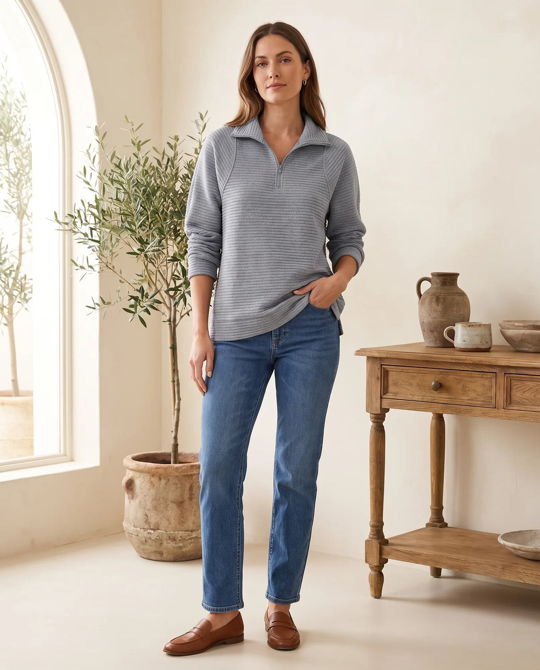 Kwart Zip Trui voor Dames - Geribbelde Knit Staande Kraag Pullover - Grijs | Auburn Row