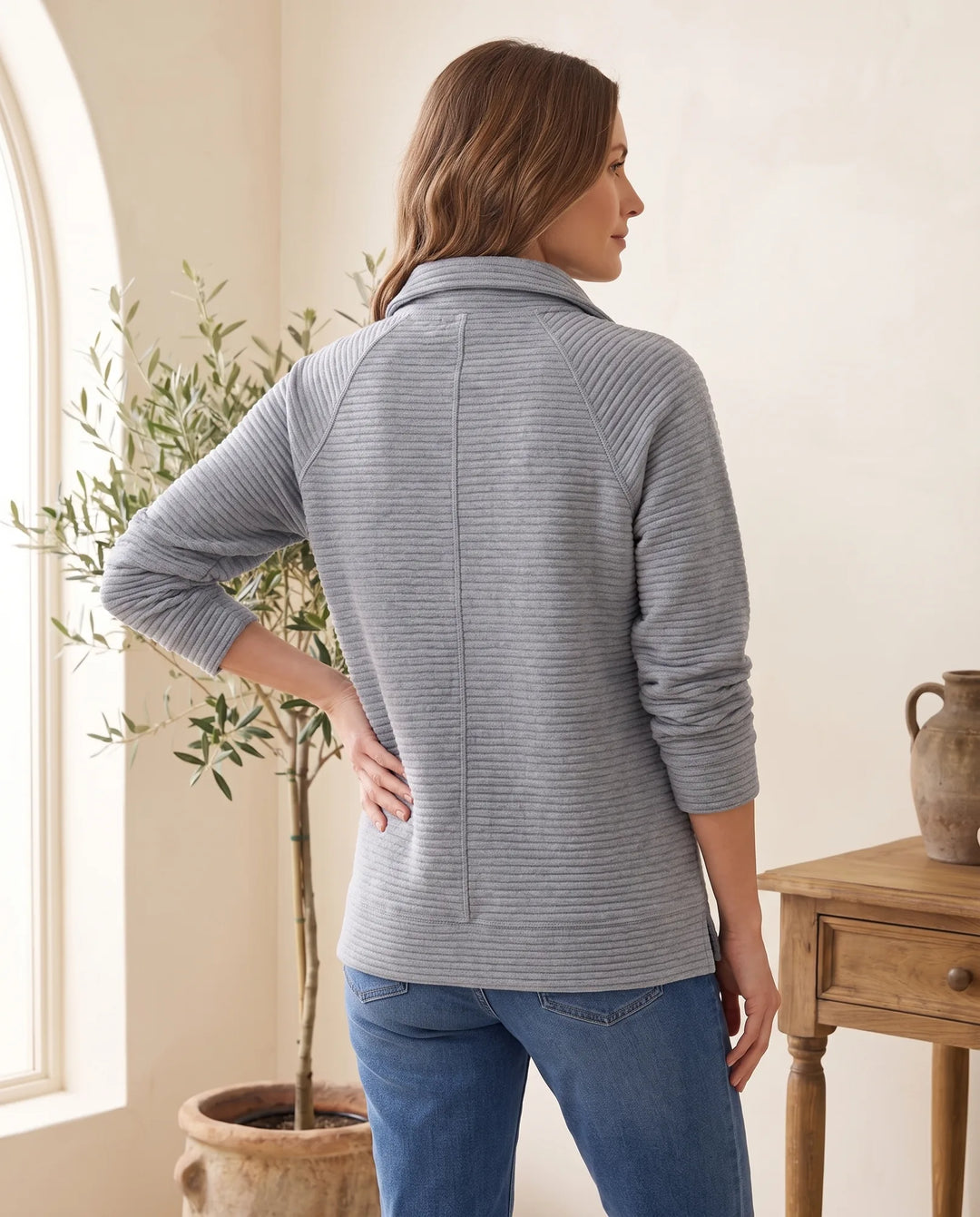 Kwart Zip Trui voor Dames - Geribbelde Knit Staande Kraag Pullover - Grijs | Auburn Row