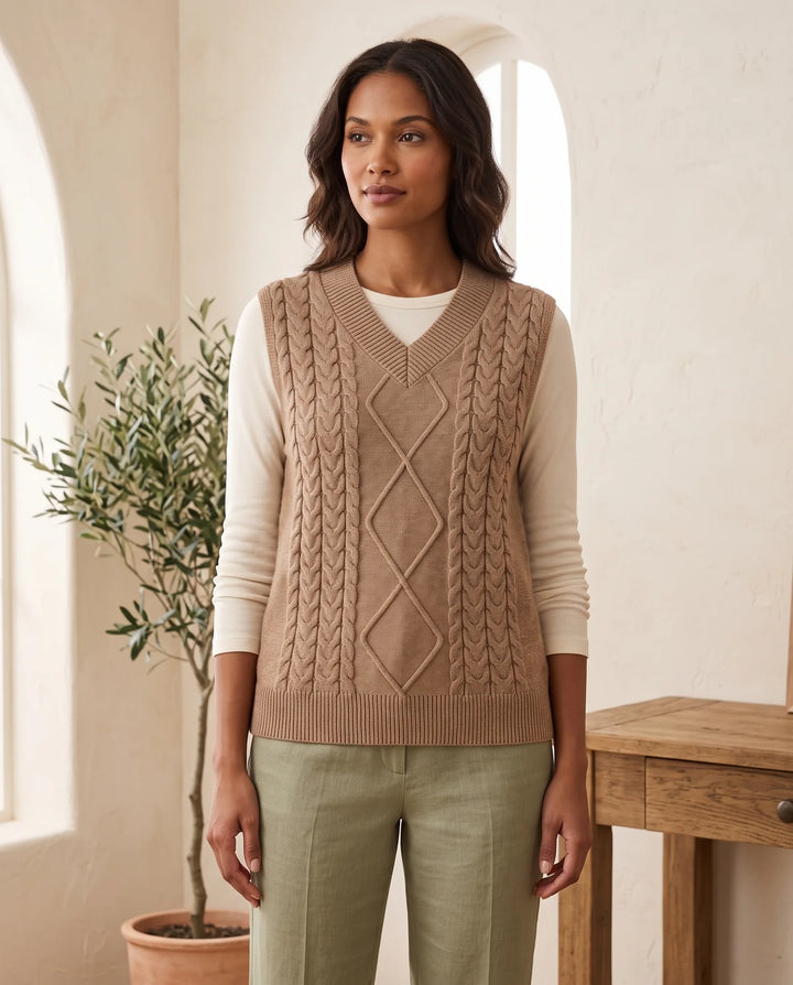 Georgia V-Hals Kabelgebreide Sweater Vest voor Vrouwen – Tan