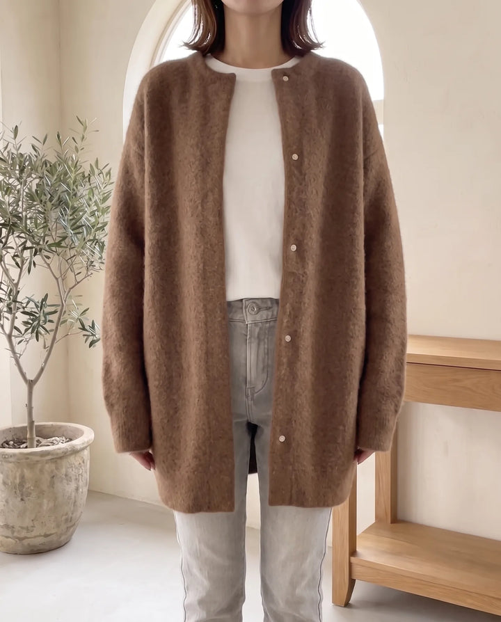 Wren Oversized Cardigan voor Vrouwen - Fluffy Knit Drukknopen Voorkant - Donkerbruin