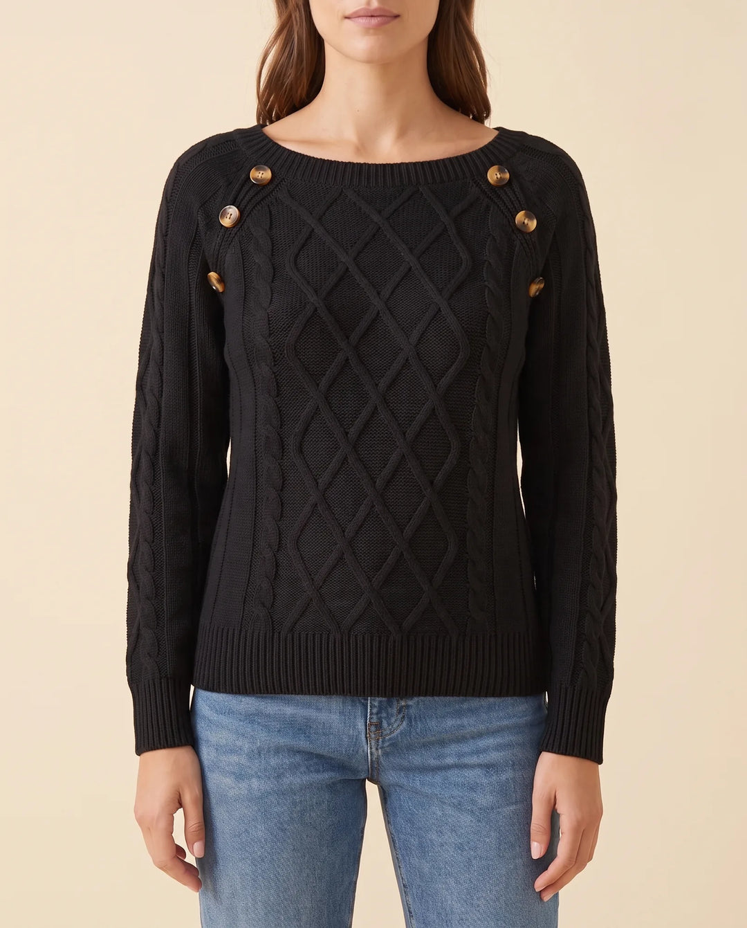 Ivy Trui voor Dames - Kabelbrei Knopen Schouder Ronde Hals
