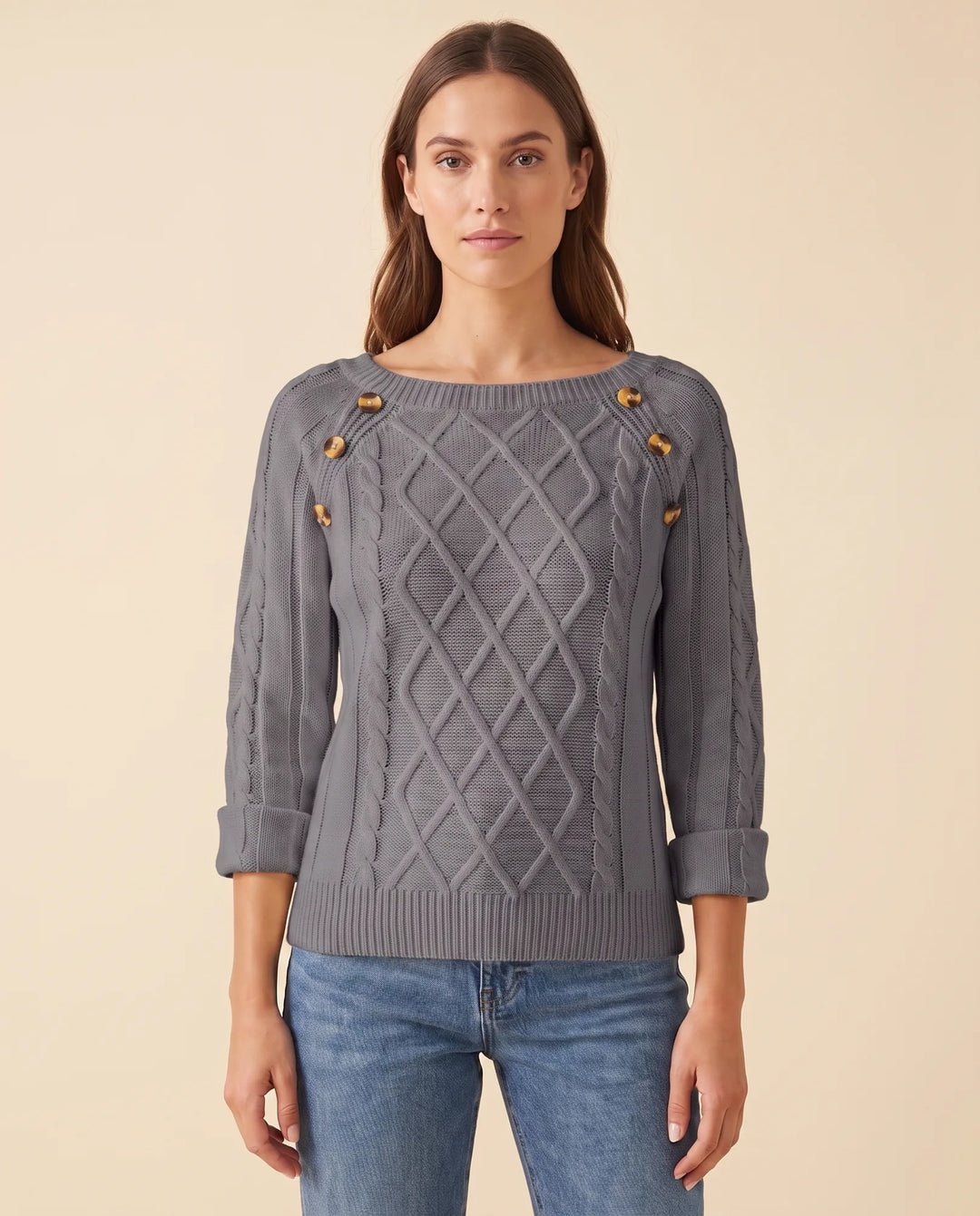 Ivy Trui voor Dames - Kabelbrei Knopen Schouder Ronde Hals