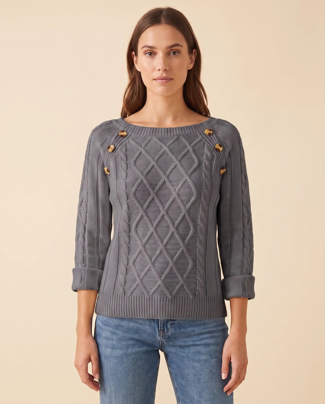 Ivy Trui voor Dames - Kabelbrei Knopen Schouder Ronde Hals