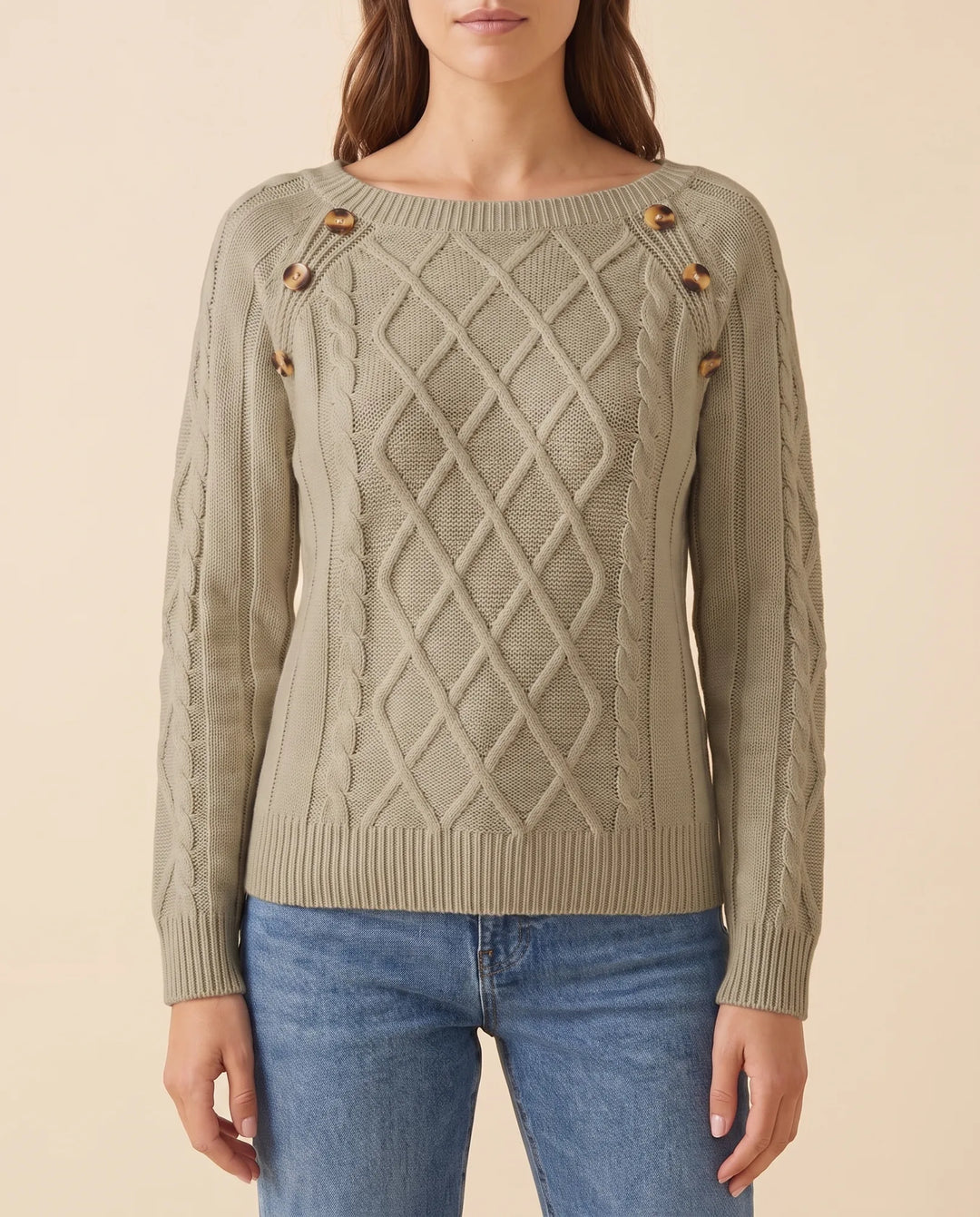 Ivy Trui voor Dames - Kabelbrei Knopen Schouder Ronde Hals