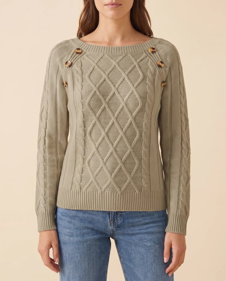 Ivy Trui voor Dames - Kabelbrei Knopen Schouder Ronde Hals