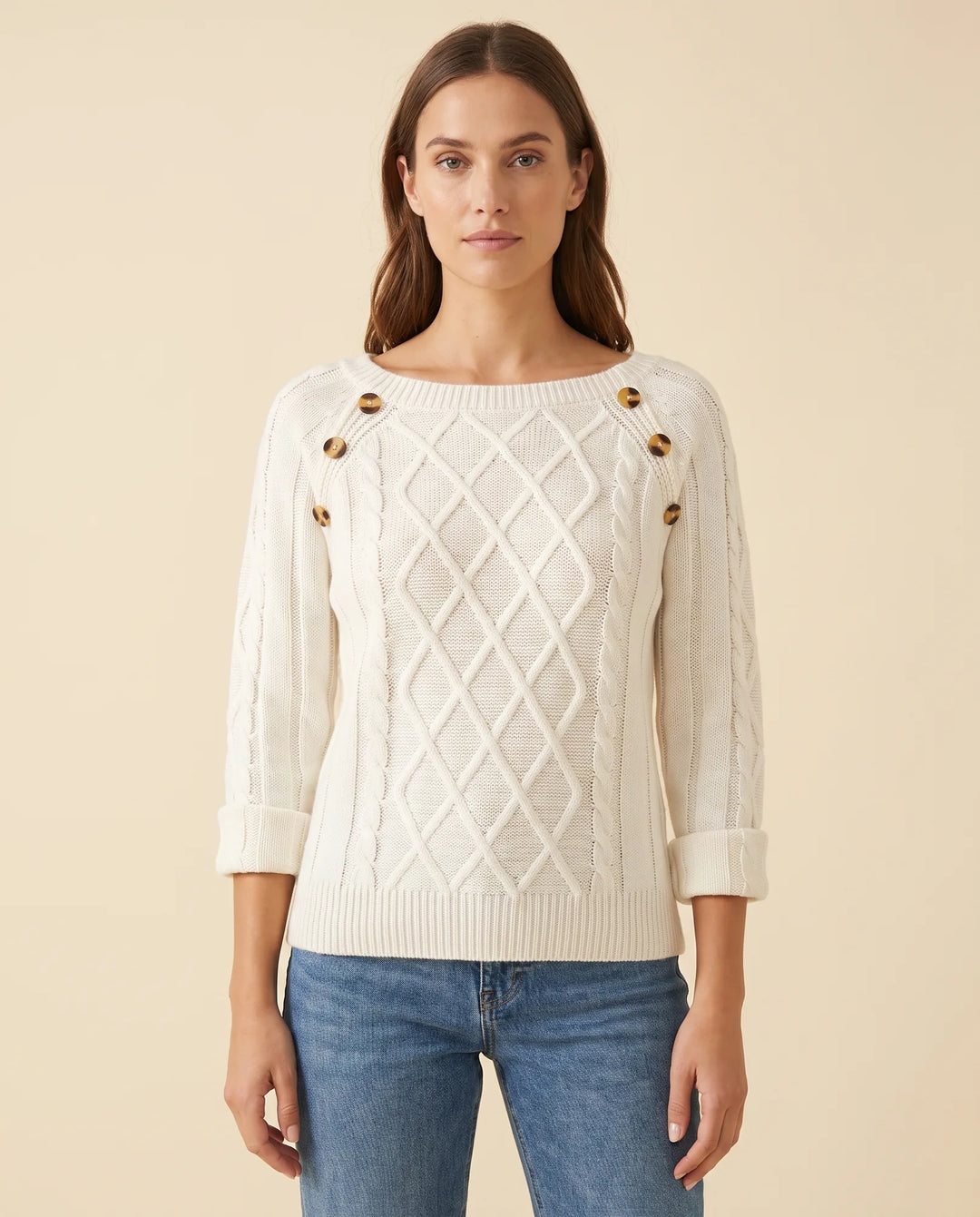 Ivy Trui voor Dames - Kabelbrei Knopen Schouder Ronde Hals