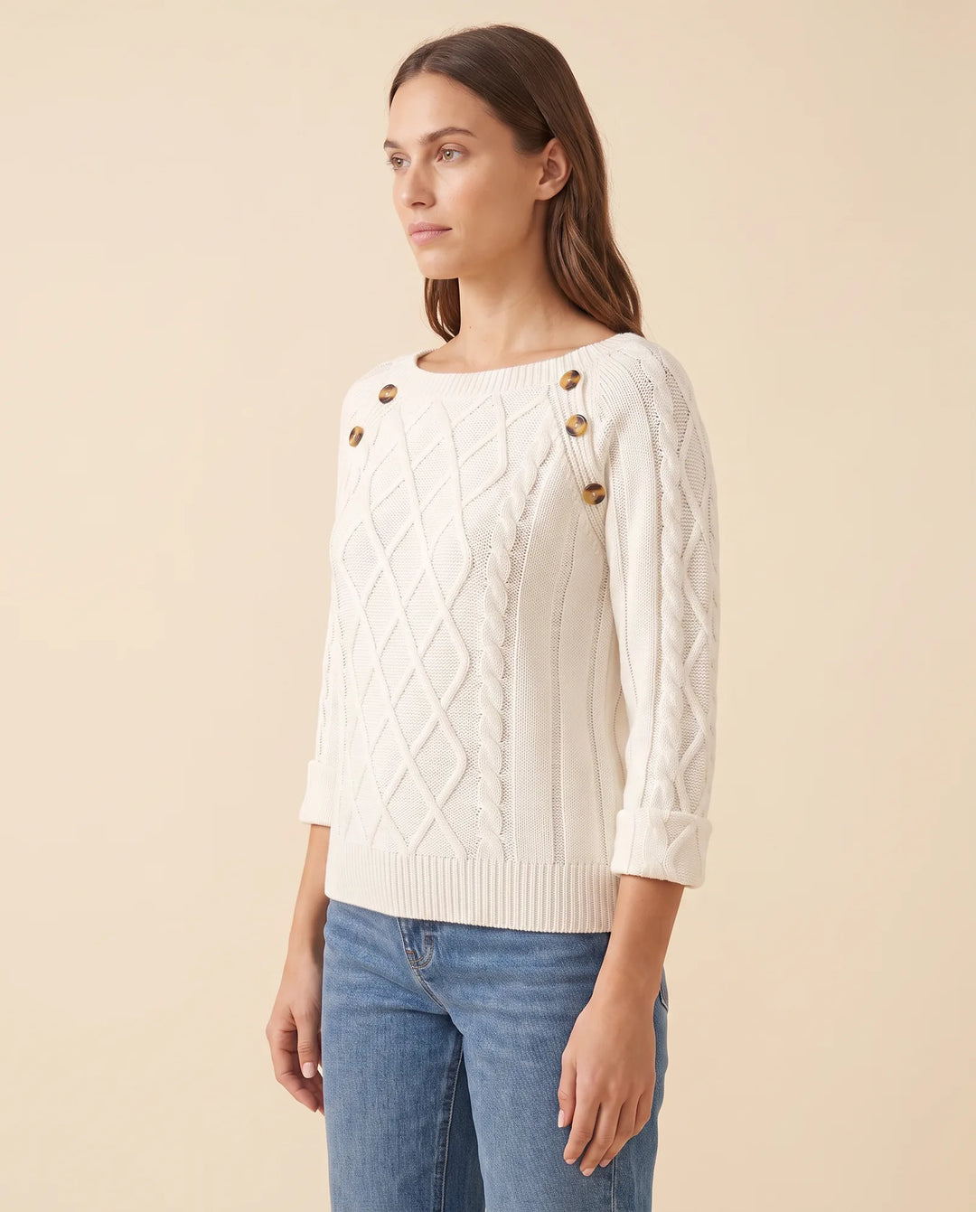 Ivy Trui voor Dames - Kabelbrei Knopen Schouder Ronde Hals