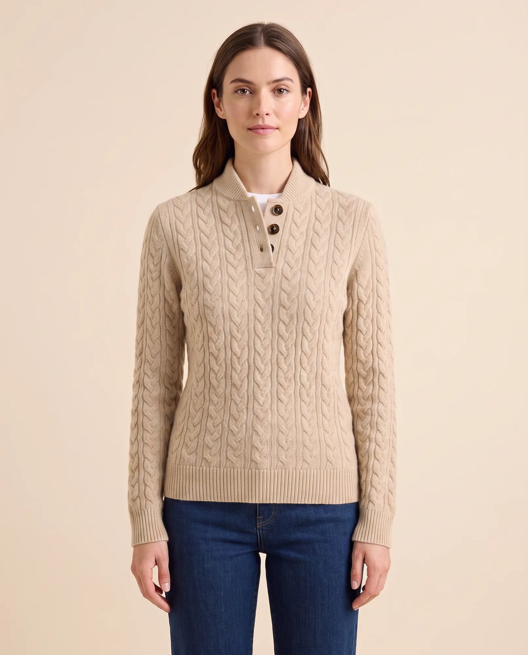 Maeve Trui voor Dames - Kabelgebreide Knop Hals Standkraag