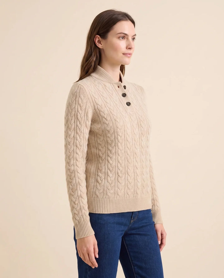 Maeve Trui voor Dames - Kabelgebreide Knop Hals Standkraag