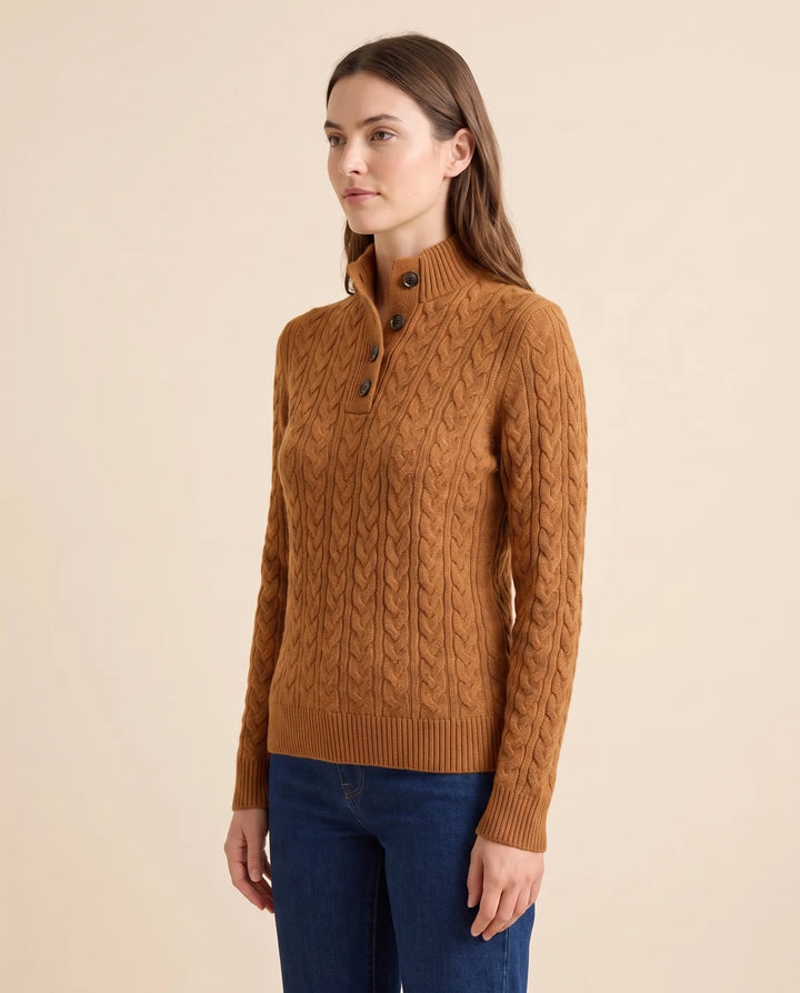 Maeve Trui voor Dames - Kabelgebreide Knop Hals Standkraag