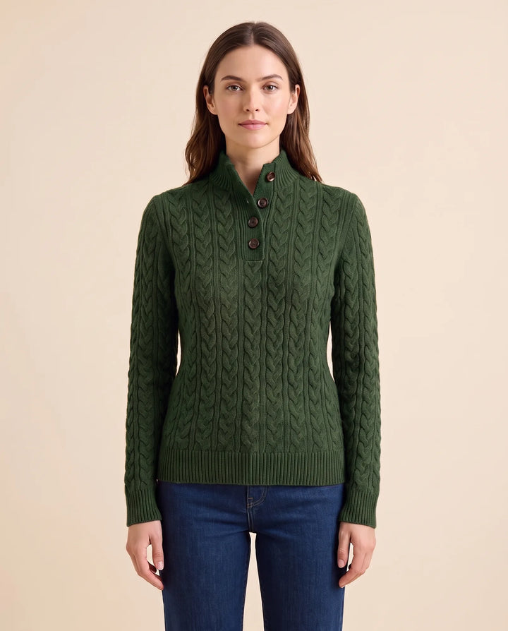 Maeve Trui voor Dames - Kabelgebreide Knop Hals Standkraag
