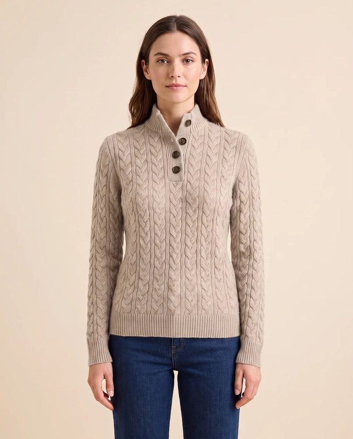Maeve Trui voor Dames - Kabelgebreide Knop Hals Standkraag